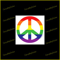 Square Bumper Sticker or Bumper Magnet shows peace symbol with rainbow colored stripes.