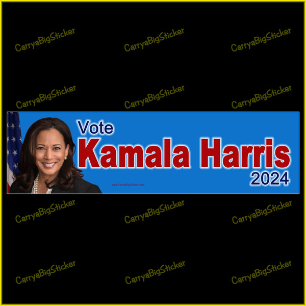 Bumper Sticker or Bumper Magnet says, Vote Kamala Harris 2024. Features photo of Kamala on blue background.
