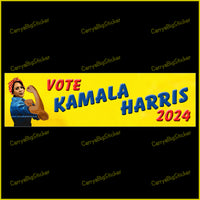 Vote Kamala Harris 2024 Bumper Sticker or Bumper Magnet. Features illustration of Kamala Harris posing like Rosie the Riveter.