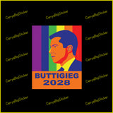 Bumper Sticker or Magnetic Bumper Sticker says, Buttigieg 2028. Features a poster-style illustration of Pete Buttigieg against a backdrop of vertical rainbow stripes. 