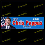 Political campaign sticker or magnet for Chris Pappas with a photo of Pappas, blue background and American flag.