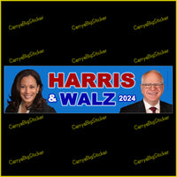 Bumper Sticker or Bumper Magnet says, Harris & Walz 2024. Blue with photos of faces