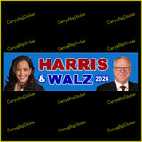 Bumper Sticker or Bumper Magnet says, Harris & Walz 2024. Blue with photos of faces