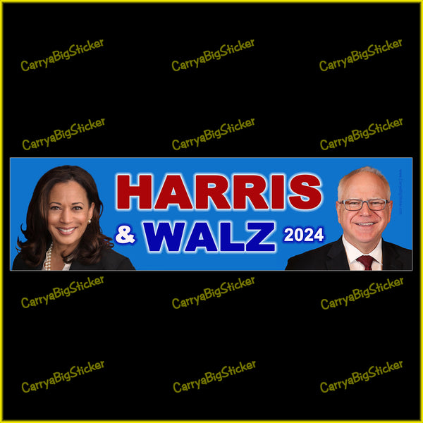 Bumper Sticker or Bumper Magnet says, Harris & Walz 2024. Blue with photos of faces