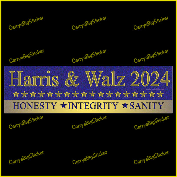 Bumper Sticker or Bumper Magnet says, Harris & Walz 2024 Honesty Integrity Sanity. Features a blue background and a row of gold stars.