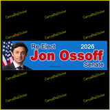 Bumper sticker or Magnet for Jon Ossoff's 2026 Senate re-election campaign. Features photo of Ossoff with an American flag on a blue background.