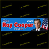 Bumper sticker or bumper magnet says, Vote Roy Cooper Senate 2026. Features photo of Cooper with American flag.