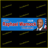 Bumper Sticker or Magnetic Bumper Sticker says, Vote Raphael Warnock President 2028. Features photo of Warnock on a blue background.