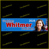 Bumper Sticker or Magnetic Bumper Sticker says, Gretchen Whitmer President 2028. Features photo of Whitmer and U.S. flag on a blue background.