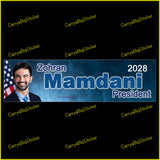 Bumper Sticker or Magnetic Bumper Sticker, says, Zohran Mamdani President 2028. Features photo of Mamdani with U.S. flag.