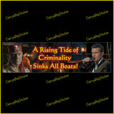 Bumper Sticker or Magnetic Bumper Sticker says, A Rising Tide Sinks All Boats. Features photo illustration of Donald Trump and Pete Hegseth looking like pirates.