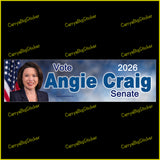 Bumper Sticker or Bumper Magnet says, Vote Angie Craig Senate 2026. Features photo of Craig with U.S. Flag.