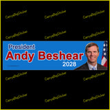 Bumper Sticker or Magnetic Bumper Sticker says, President Andy Beshear 2028. Features photo of Beshear with American Flag. 