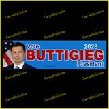 Vote Buttigieg President 2028 bumper sticker or magnetic bumper sticker. Shows photo of Buttigieg with U.S. flag on a blue background.
