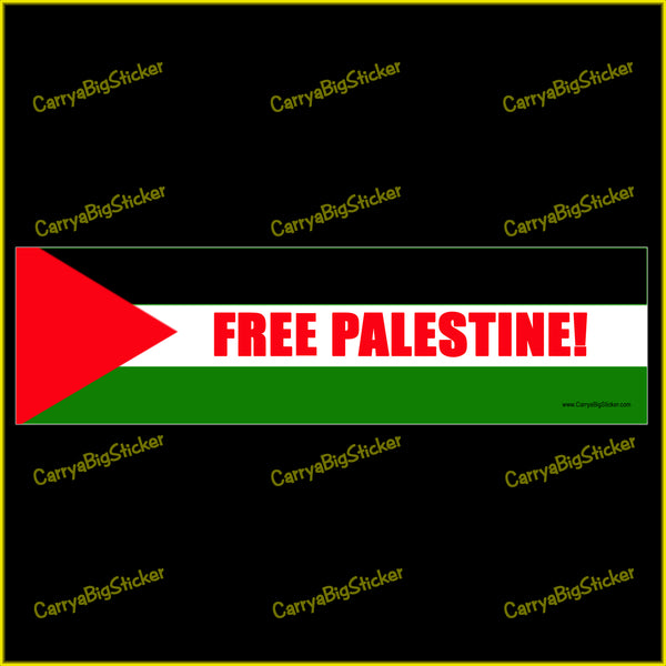 Bumper Sticker or Bumper Magnet says, Free Palestine! Features a design modeled after the Palestinian flag.