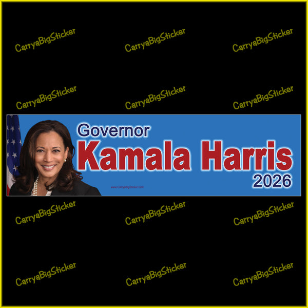 Bumper Sticker or Magnetic Bumper Sticker says, Governor Kamala Harris 2026. Features photo of Kamala Harris with blue background. 