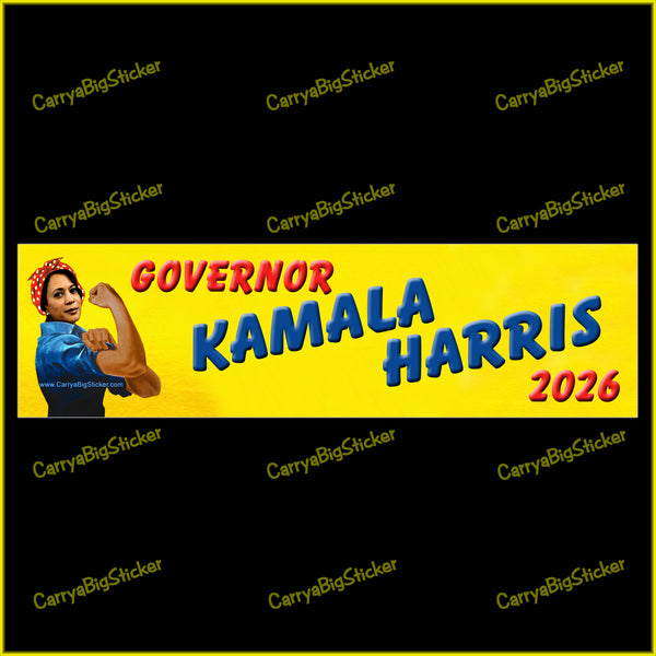 Bumper Sticker or Magnetic Bumper Sticker says, Governor Kamala Harris 2026. Features Kamala Harris posing like Rosie the Riveter with raised fist and headscarf.