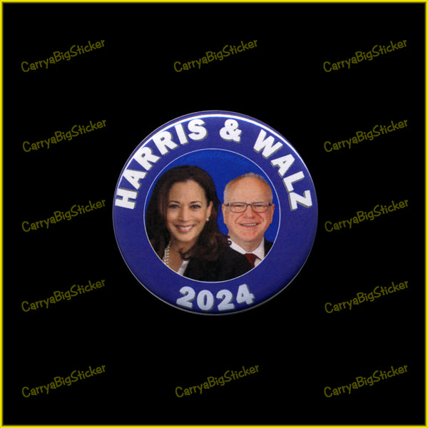 Pinback button says, Harris and Walz 2024. Features photo of Kamala Harris and Tim Walz. Blue background.