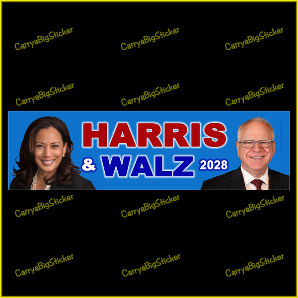 Bumper Sticker or Magnetic Bumper Sticker says, Harris & Walz 2028. Features photos of Kamala Harris and Tim Walz on a blue background.