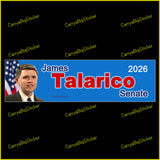 Bumper Sticker or Bumper Magnet says James Talarico Senate 2026. Features photo of Talarico. Red letters on a blue background.