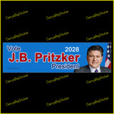 Bumper Sticker or Magnetic Bumper Sticker says, Vote J.B. Pritzker President 2028. Shows photo of Pritzker with U.S. flag on a blue background.