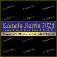 Bumper Sticker or Magnetic Bumper Sticker says, Kamala Harris 2028 A Woman's Place is in the White House. Features a row of gold stars. 