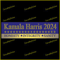 Bumper Sticker or Magnetic Bumper Sticker says, Kamala Harris 2024 Honesty Integrity Sanity. Features row of gold stars on a field of blue.