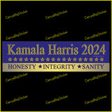 Bumper Sticker or Magnetic Bumper Sticker says, Kamala Harris 2024 Honesty Integrity Sanity. Features row of gold stars on a field of blue.