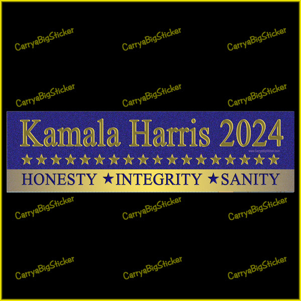 Bumper Sticker or Magnetic Bumper Sticker says, Kamala Harris 2024 Honesty Integrity Sanity. Features row of gold stars on a field of blue.