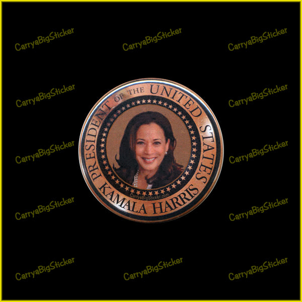 Pinback button shows photo of Kamala Harris encircled by POTUS Presidential Seal that says Kamala Harris President of the United States.