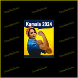 Bumper sticker or magnetic bumper sticker says, Kamala 2024. Features Kamala Harris dressed as Rosie the Riveter and flexing her biceps in Rosie's familiar pose. 