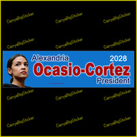 Bumper Sticker or Bumper Magnet reads, Alexandria Ocasio-Cortez President 2028. Features photo of Ocasio-Cortez looking serious with royal blue background.