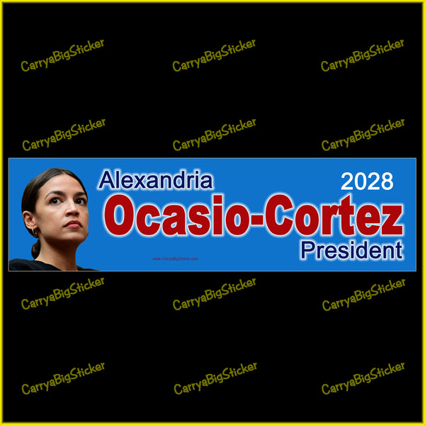 Bumper Sticker or Bumper Magnet reads, Alexandria Ocasio-Cortez President 2028. Features photo of Ocasio-Cortez looking serious with royal blue background.