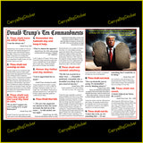 Poster titled Donald Trump's Ten Commandments, features dramatic photo illustration of Trump holding two large stone tablets. Text explains how Trump has violated each of the commandments.  