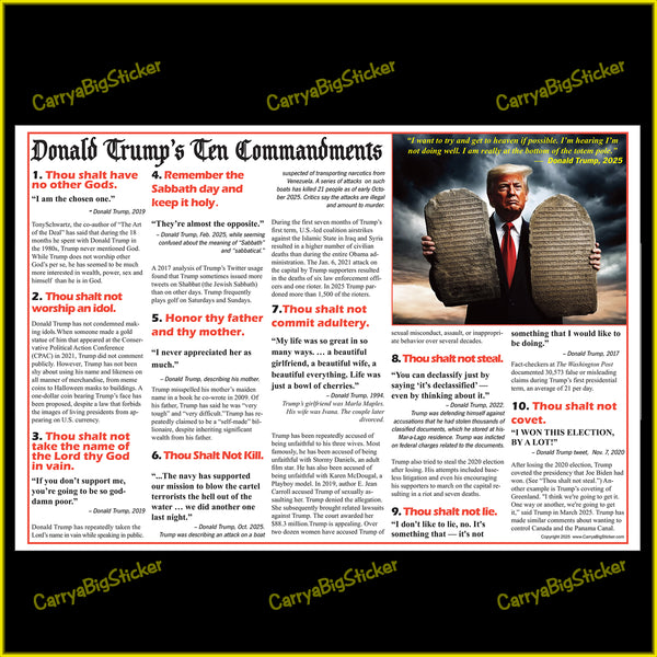 Poster titled Donald Trump's Ten Commandments, features dramatic photo illustration of Trump holding two large stone tablets. Text explains how Trump has violated each of the commandments.  
