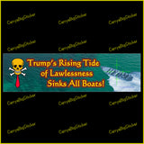 Bumper Sticker or Magnetic Bumper Sticker says, Trump's Rising Tide of Lawlessness Sinks All Boats! Features a cartoon skull and bones with a red tie and a photo illustration of a speedboat being targeted from the air with cross-hairs visible.