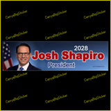 Bumper Sticker or Magnetic Bumper Sticker says, Josh Shapiro 2028 President. Features phot of Shapiro with U.S. flag on a blue background.