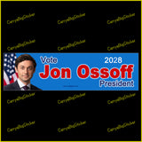 Bumper Sticker or Magnetic Bumper Sticker says, Vote Jon Ossoff 2028 President. Features photo of Ossoff on blue background with U.S. Flag.