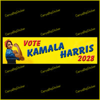 Bumper Sticker or Magnetic Bumper Sticker Says, Vote Kamala Harris 2028. Features Kamala Harris posing like Rosie the Riveter on a yellow background. 