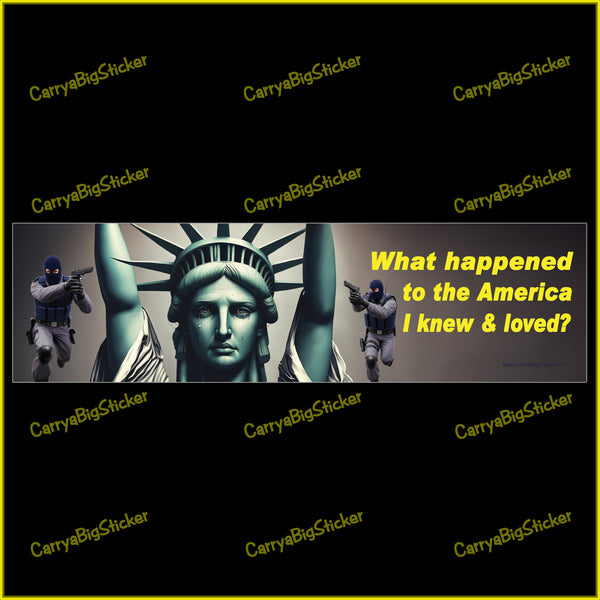 Bumper Sticker or Flexible Magnet says, What happened to the America I knew and loved? Features a crying Statue of Liberty with arms raised surrounded by two masked law enforcement agents with guns drawn. 