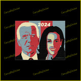 Poster-style bumper sticker or bumper magnet shows artistic image of Joe Biden and Kamala Harris with 2024 above their faces.