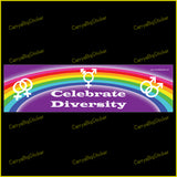 Celebrate Diversity features rainbow & gender symbols. white letters on purple background.