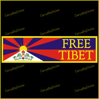 Bumper Sticker or Bumper Magnet, yellow text on an interpetation of the Tibetan flag.  