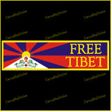 Bumper Sticker or Bumper Magnet, yellow text on an interpetation of the Tibetan flag.  