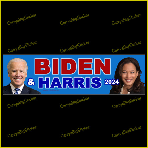 Bumper Sticker or Bumper Magnet says, Biden and Harris 2024. Shows faces of Joe Biden an Kamala Harris on a blue background. 