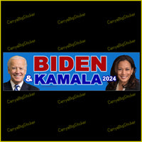 Bumper Sticker or Bumper Magnet Says, Biden and Kamala 2024. Features photos of Biden and Kamala on blue background.