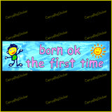 Bumper Sticker or Bumper Magnet says, Born OK the First Time. Features child-like painting of child and a smiling sun.
