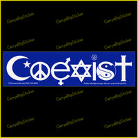 Mini Sticker or Fridge Magnet says, Coexist. Features lettering comprised of religious symbols like cross and Star of David and Islamic Crescent. 