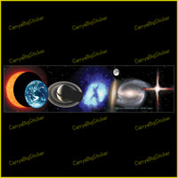 Bumper Sticker or Bumper Magnet says, Coexist. Letters are formed from cosmic images like stars, planets, moons, etc.