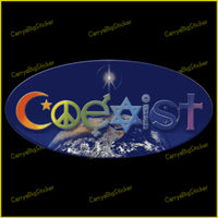 Oval window sticker sticker says Coexist. Letters are formed from religious symbols, appear in rainbow colors above the planet Earth.
